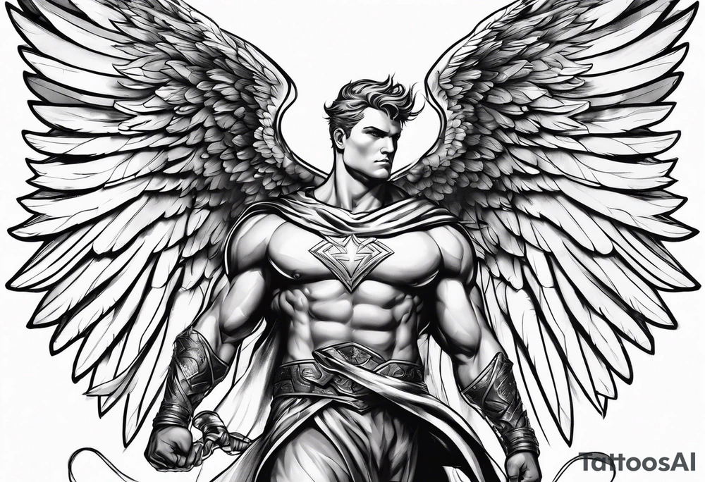 Angel in the pose of a superhero landing tattoo idea
