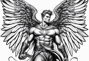 Angel in the pose of a superhero landing tattoo idea