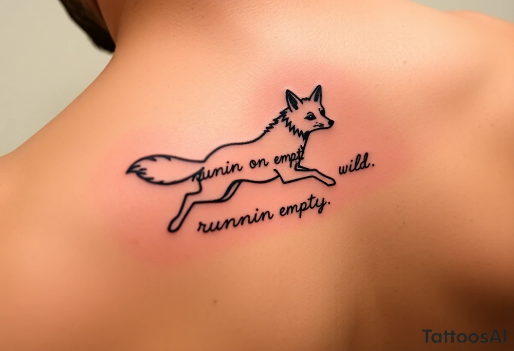 Lyrics to Jackson brownes runnin on empty. “Runnin on empty, runnin wild” with an outline sketch of a running fox separates the set of lyrics tattoo idea