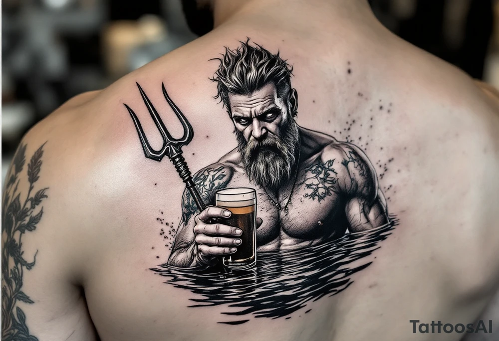 Drunk guy with trident half way in calm water with a beer tattoo idea