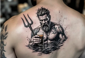 Drunk guy with trident half way in calm water with a beer tattoo idea
