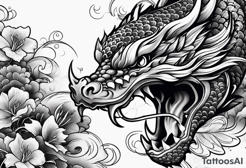 Dark skull and dragon  koi fish tattoo idea