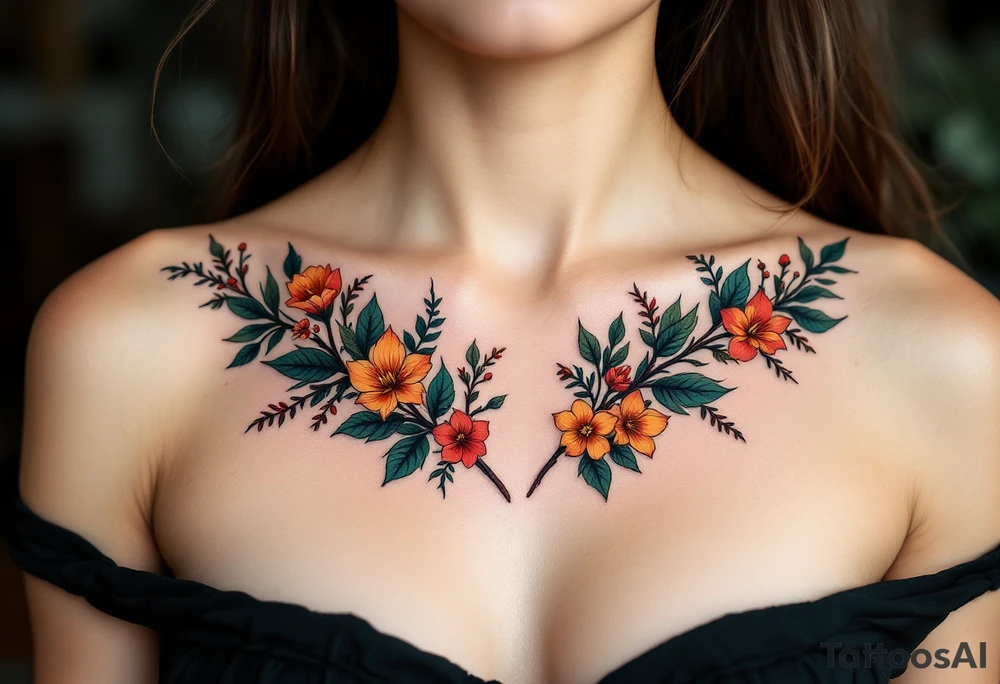 Two separate collarbone tattoos of long, stems and branches covered with red, orange, yellow and dark forest green leaves and flowers, academia, witchy, muted, delicate and gentle but moody, long and thin, following the collarbone. More muted, not so bright, darker colors tattoo idea