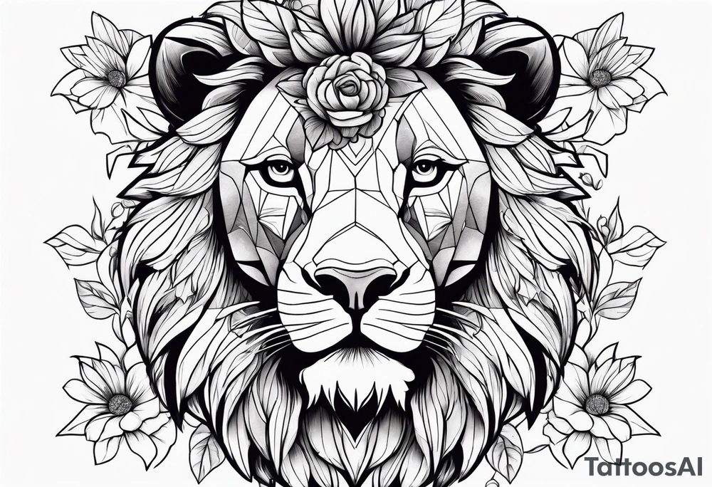 Lion with flowers around tattoo idea