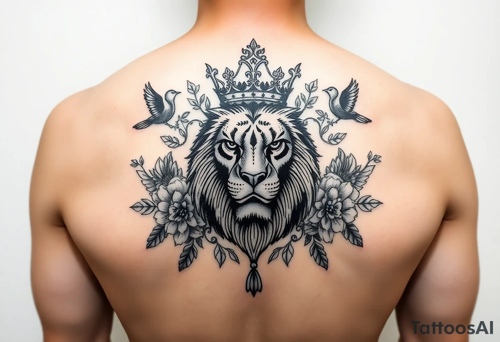 powerful majestic lion with a crown, surrounded by floral ornaments and birds tattoo idea