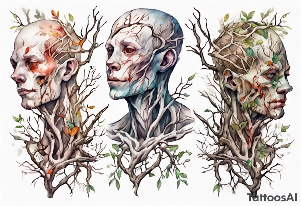 a pale man made out of tree branches tattoo idea