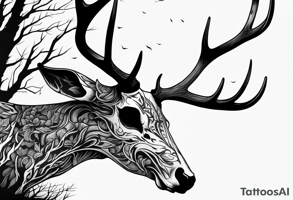 A side view of a decayed deer skull NO SKIN JUST BONE surrounded by trees and FLAMES in background tattoo idea
