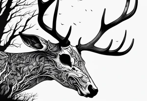 A side view of a decayed deer skull NO SKIN JUST BONE surrounded by trees and FLAMES in background tattoo idea