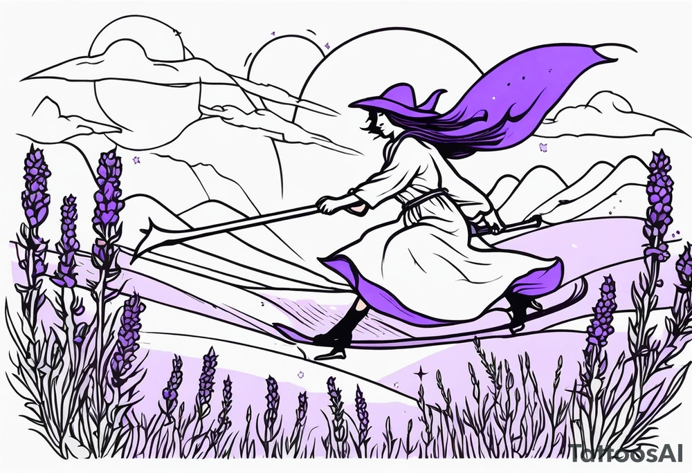 Witch on a broom flying over a field of lavender tattoo idea