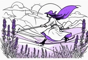 Witch on a broom flying over a field of lavender tattoo idea
