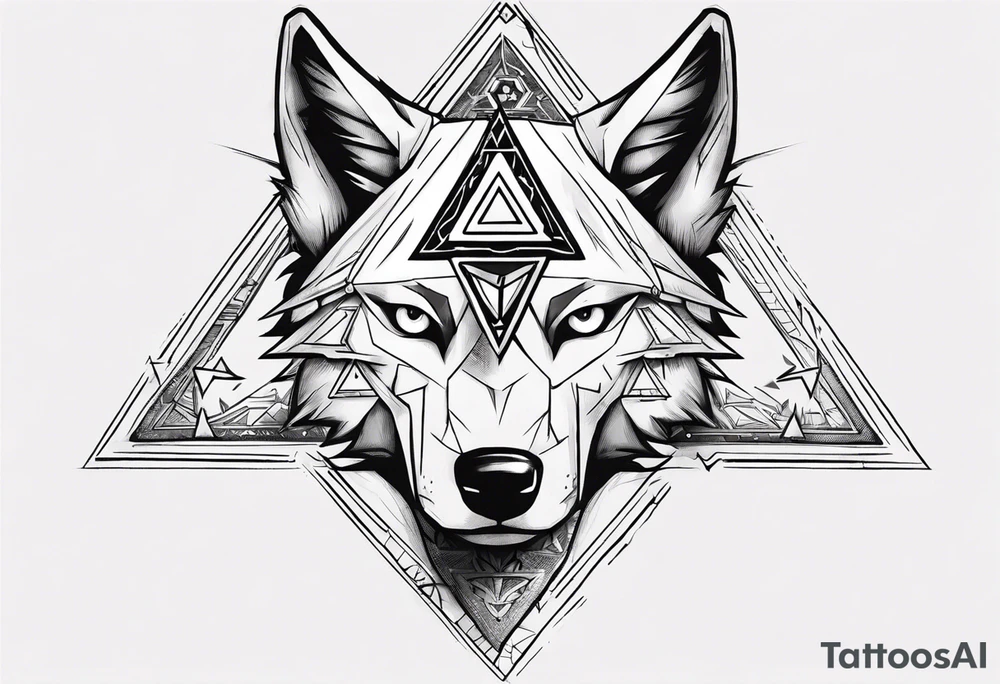 wolf head with triforce on forehead and a triangle in the background tattoo idea