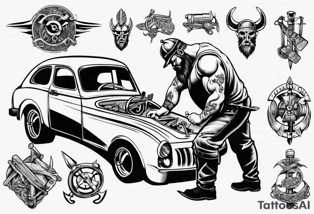 Viking mechanic fixing a car tattoo idea