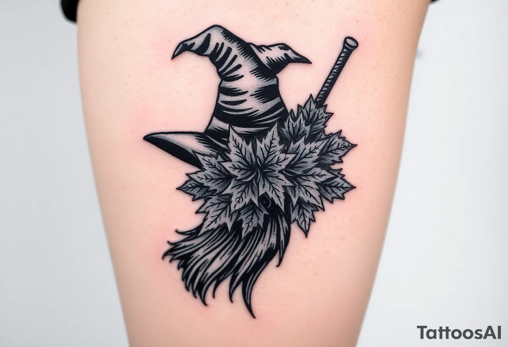 Which is broom with handle
 a witches hat with fall maple leaves tattoo idea