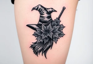 Which is broom with handle
 a witches hat with fall maple leaves tattoo idea