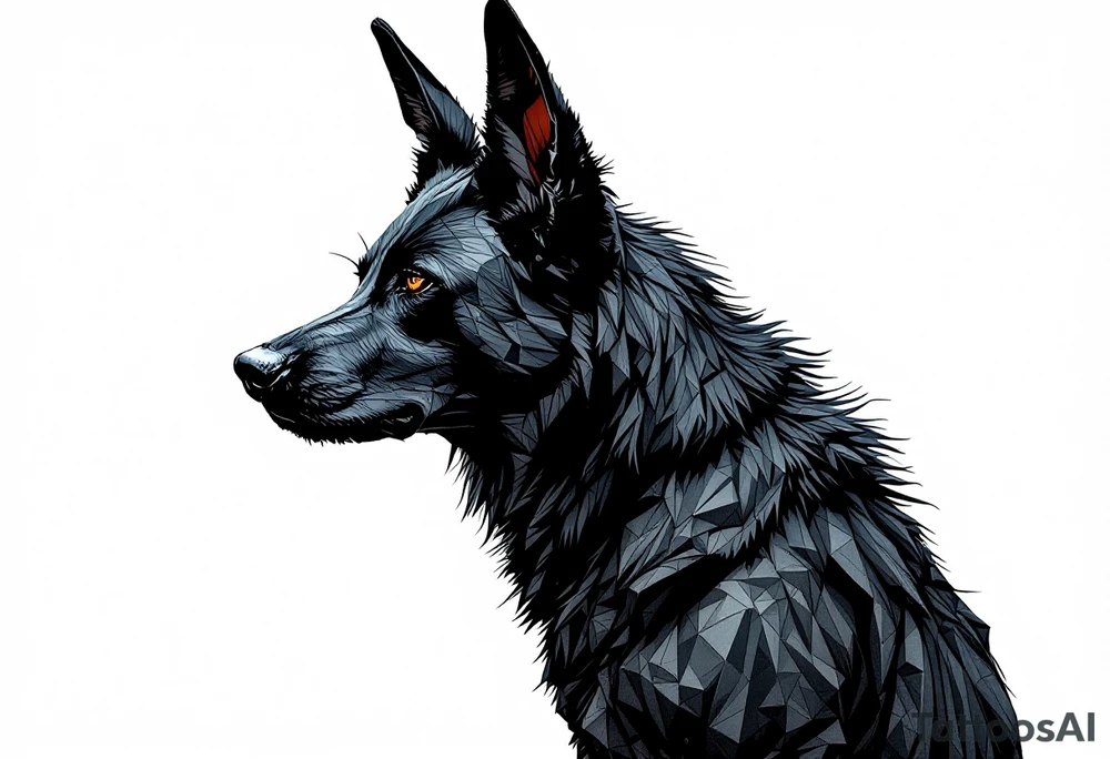 a creature that looks strongly like a combination of Anubis, a black Labrador and a black German Shepard, with the tall pointy ears of a jackal, looking back, serious and daring tattoo idea