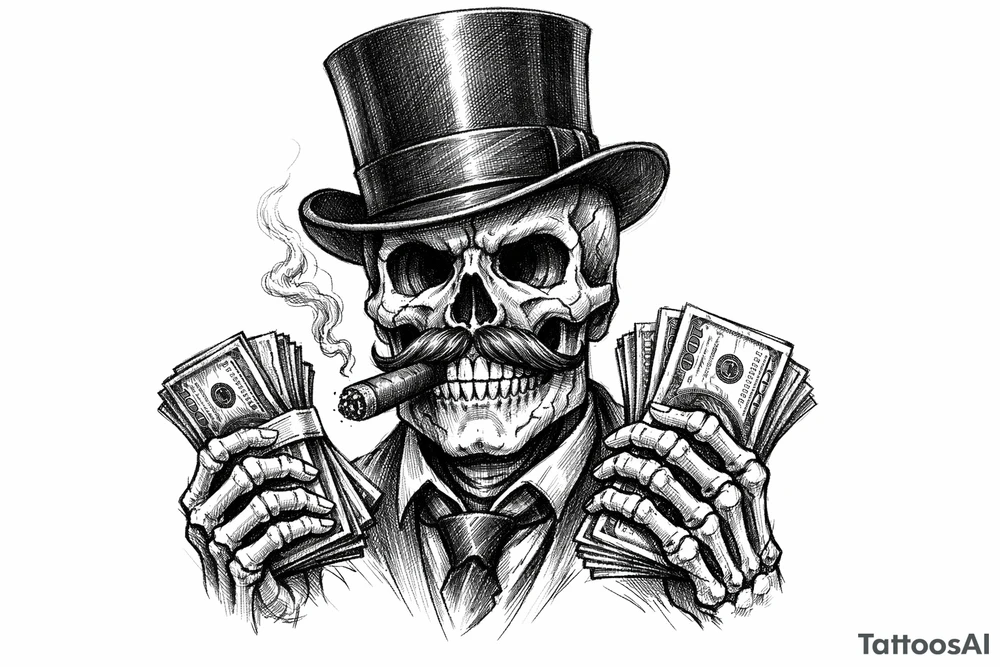 skull with mustache,top-hat,cigar in his mouth,money in both hands. tattoo idea