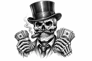 skull with mustache,top-hat,cigar in his mouth,money in both hands. tattoo idea