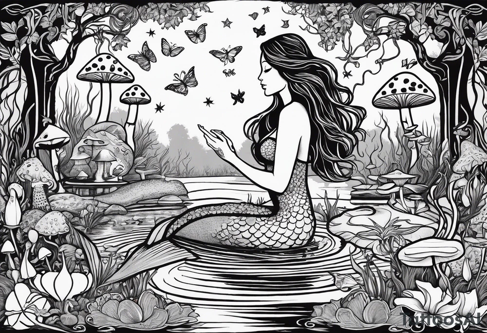 A Mermaid silhouette surrounded by musical notes in a bayou that has cypress trees, mushrooms, lily pads, frogs, and bugs tattoo idea