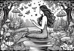 A Mermaid silhouette surrounded by musical notes in a bayou that has cypress trees, mushrooms, lily pads, frogs, and bugs tattoo idea