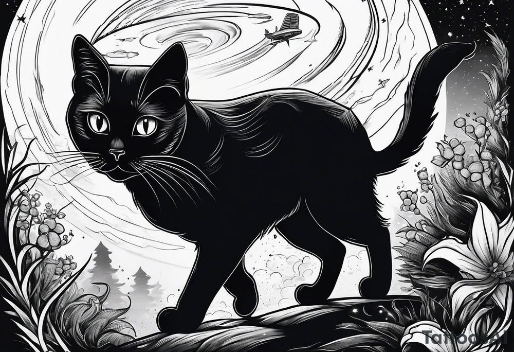 A black cat kidnapped by a UFO tattoo idea