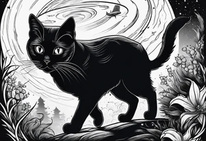 A black cat kidnapped by a UFO tattoo idea