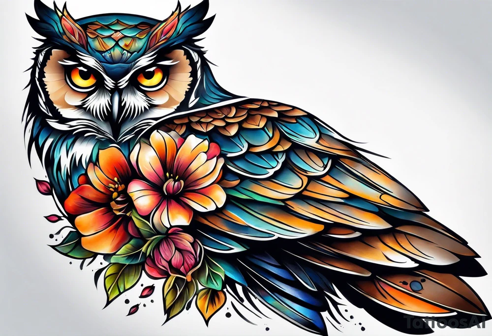 Owl and flowers full arm sleeve tattoo idea