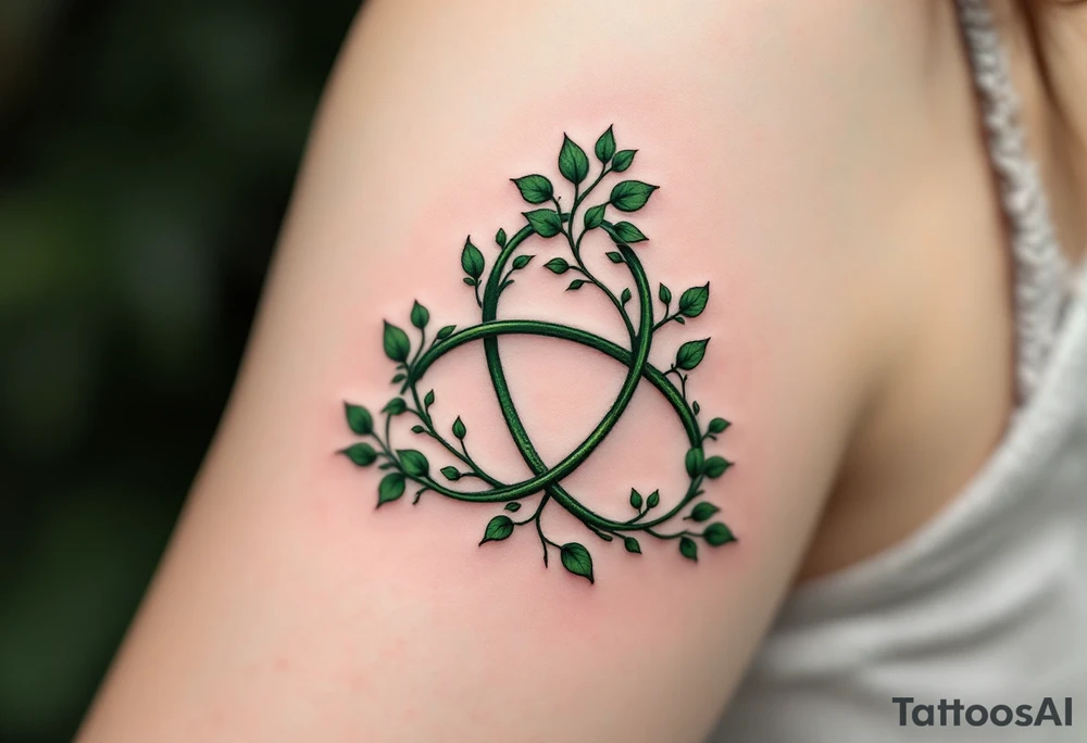 A triquetra formed from twisting ivy vines, shaded in deep forest green, representing growth and eternity. tattoo idea