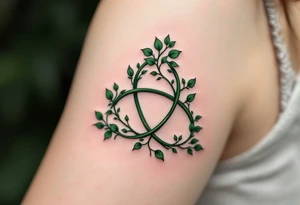 A triquetra formed from twisting ivy vines, shaded in deep forest green, representing growth and eternity. tattoo idea