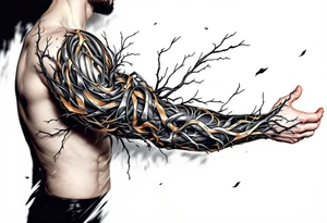 A fusion design of organic tendons and metallic elements in jet black and bronze, blending with skin through shadowed transitions. tattoo idea