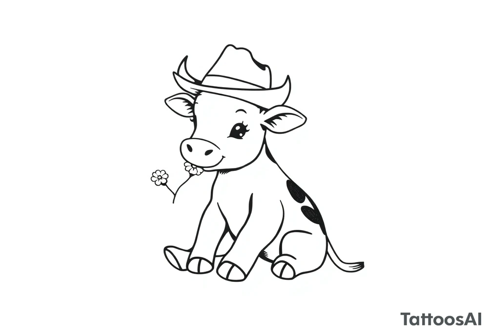 cute black and white baby cow sitting wearing a cowboy hat with a flower in mouth tattoo idea