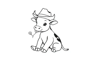 cute black and white baby cow sitting wearing a cowboy hat with a flower in mouth tattoo idea