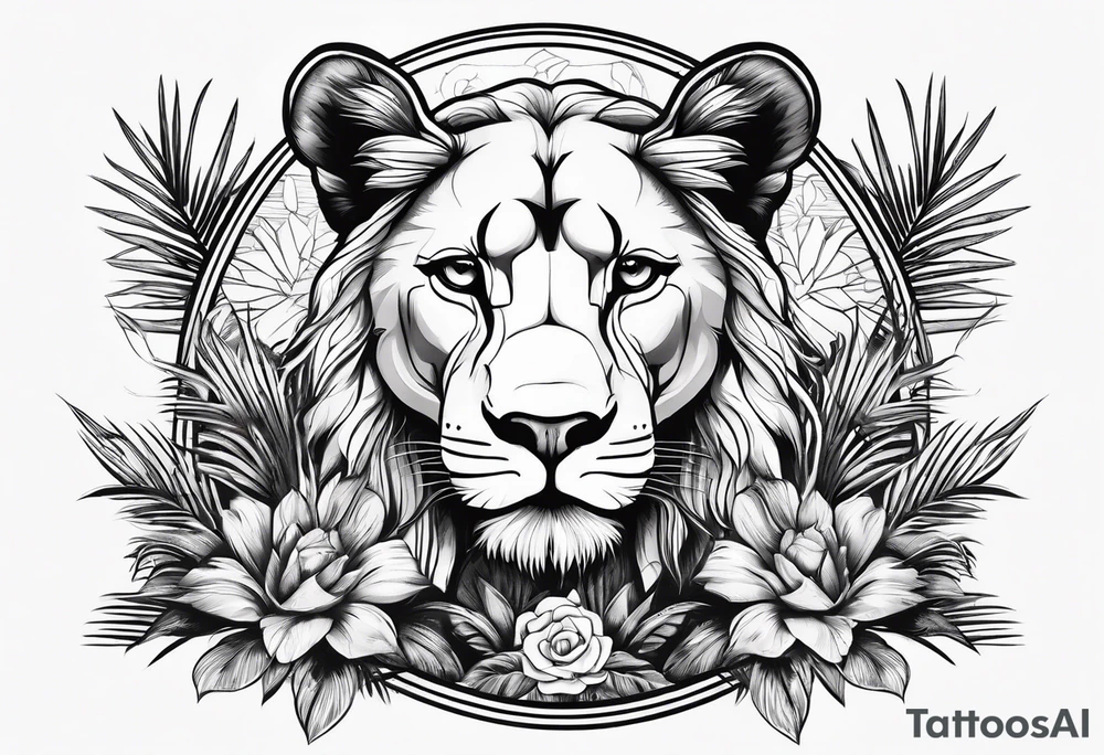lioness and cub sun palm tree tattoo idea