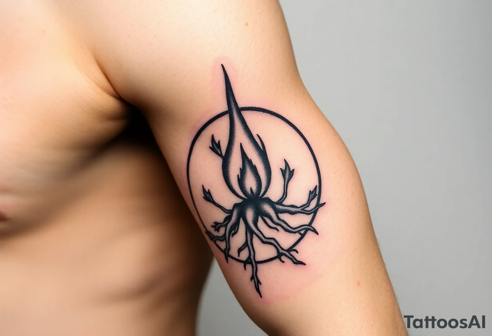 flame in a roots circle, with little sprouts on the outer circle tattoo idea