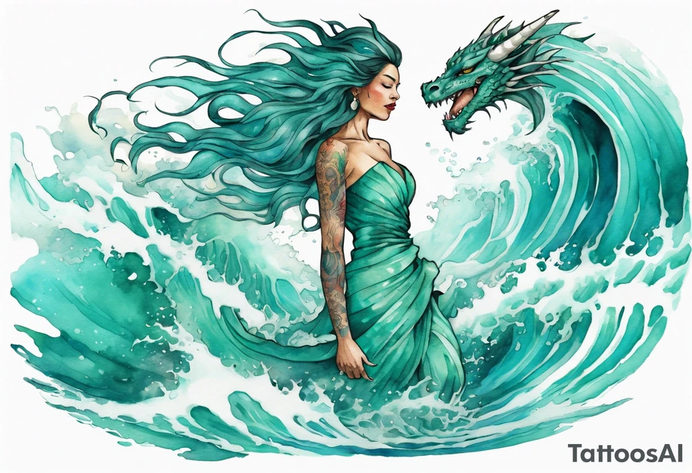 a beautiful turquoise dragon woman emerging from an ocean wave, crashing onto the shore tattoo idea