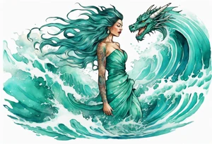 a beautiful turquoise dragon woman emerging from an ocean wave, crashing onto the shore tattoo idea