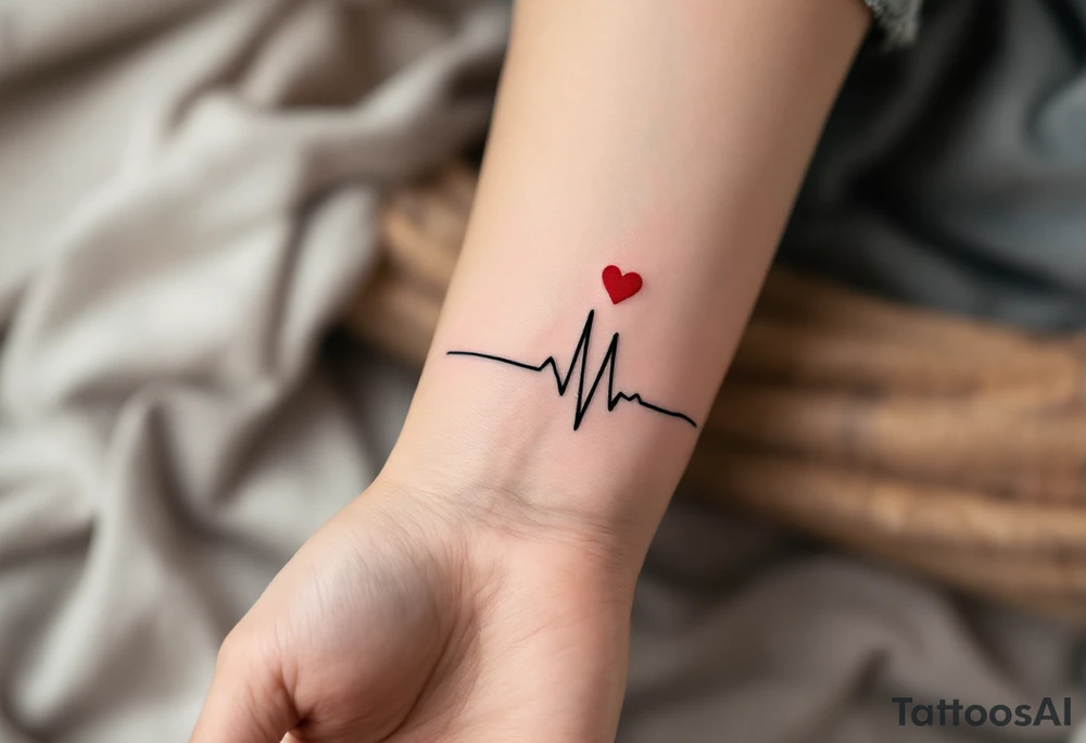 A black EKG line running across the wrist with a small red heart at the peak, symbolizing life and love. tattoo idea