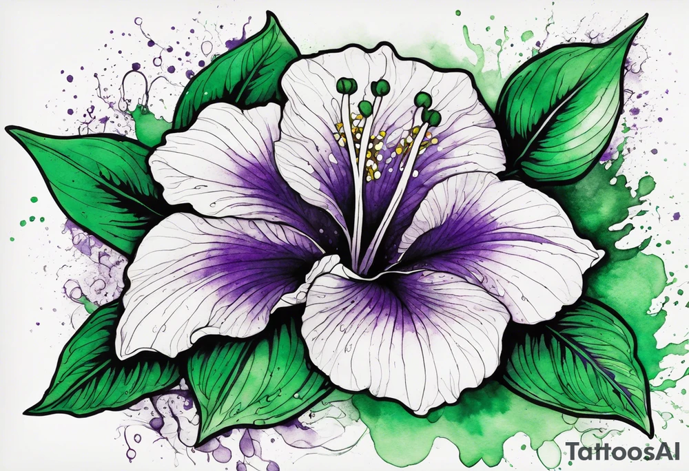 An outline of a green and purple rio dipladenia flower with a mystical green/purple watercolor splash in the background tattoo idea