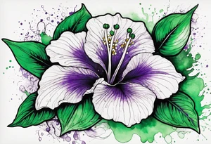 An outline of a green and purple rio dipladenia flower with a mystical green/purple watercolor splash in the background tattoo idea