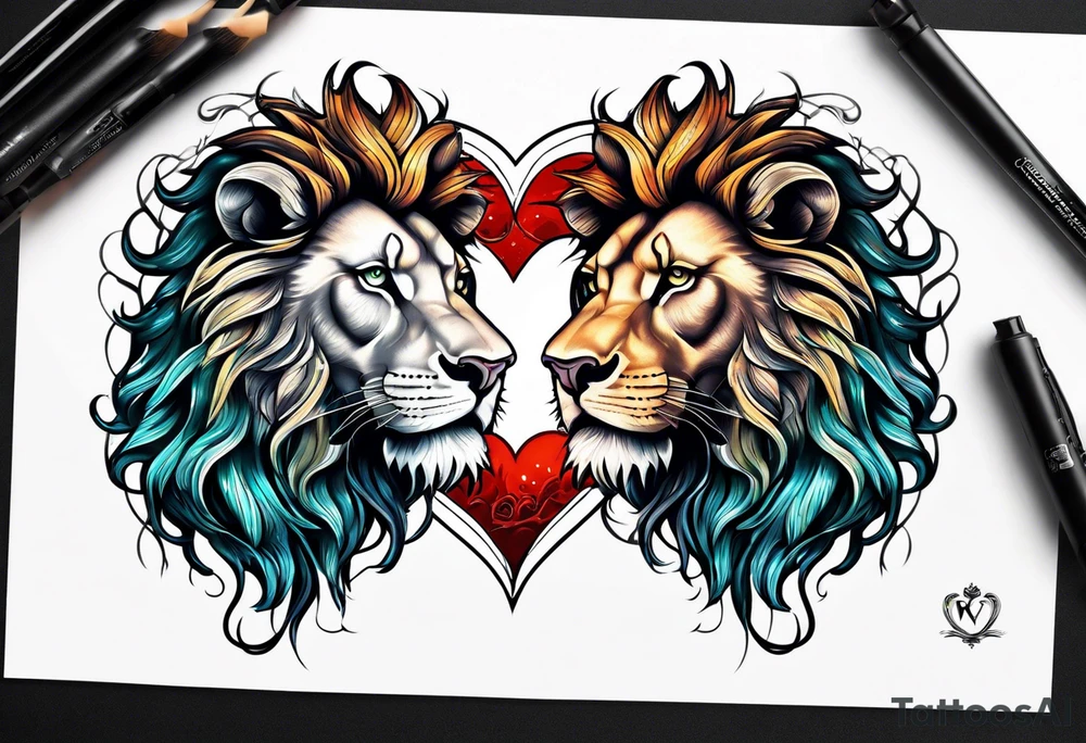 twin lion head shaped like a heart tattoo idea