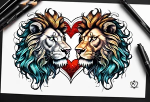 twin lion head shaped like a heart tattoo idea