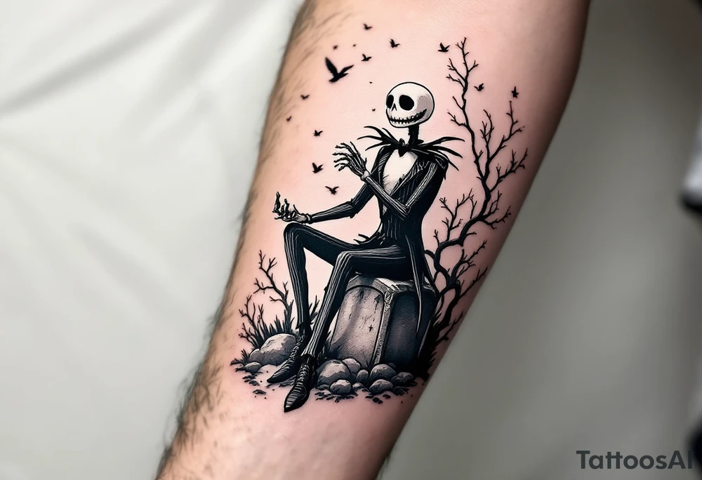 jack skellington sitting on tombstone, birds, clouds tattoo idea jack skellington sitting on tombstone, birds, clouds tattoo idea