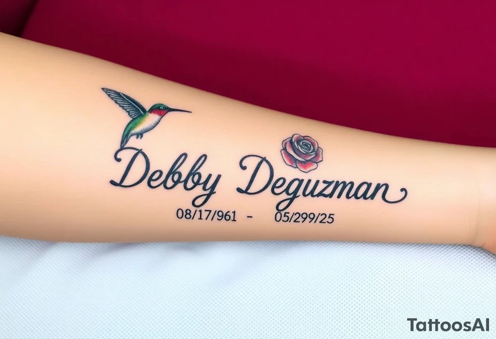 Cursive name Debby Deguzman surrounded by a hummingbird a rose and these dates 08/17/61 - 05/29/25 tattoo idea