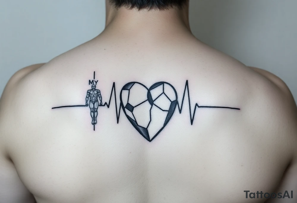 Heartbeat line with a ironman dangling from leftside with the words: My BB My Ironman going through the middle forming a cross with the heartbeat tattoo idea