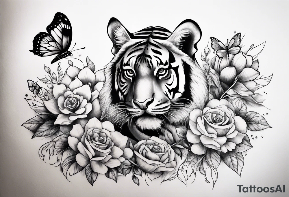 tiger, 3 buterflies, flowers for ladies thigh / hip shaded tattoo idea
