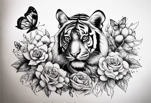 tiger, 3 buterflies, flowers for ladies thigh / hip shaded tattoo idea
