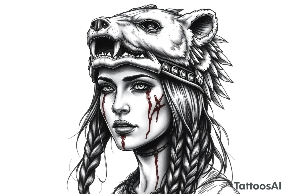Beautiful Woman with battle scars and blood on face wearing dead bear headdress on head tattoo idea