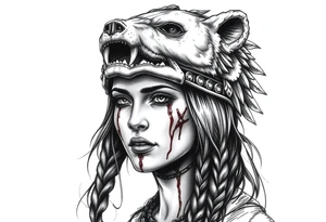 Beautiful Woman with battle scars and blood on face wearing dead bear headdress on head tattoo idea