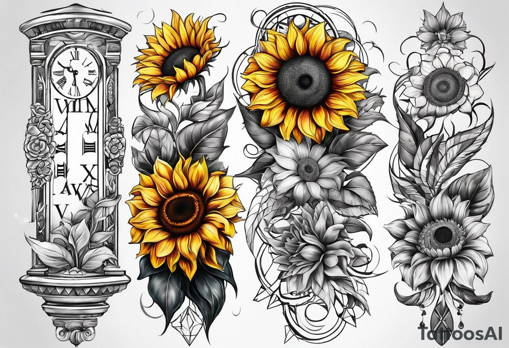 Arm sleeve Foral sunflower and roman numeral tattoo idea