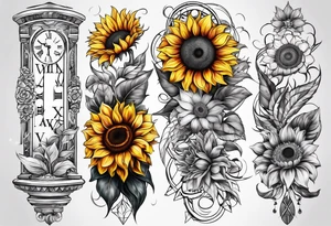 Arm sleeve Foral sunflower and roman numeral tattoo idea