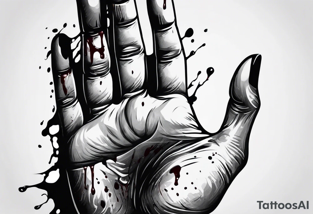 a human hand with face up with palm facing forward and the fingers pointing upward. The hand is plain with no tattooes or decoration. The hand has a hole in it like a gun shot wound and it is dripping blood. tattoo idea